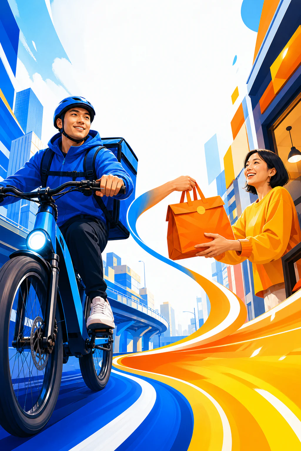 青い自転車で走る配達員とオレンジのフードバッグを受け取る注文者のオリジナルイラスト